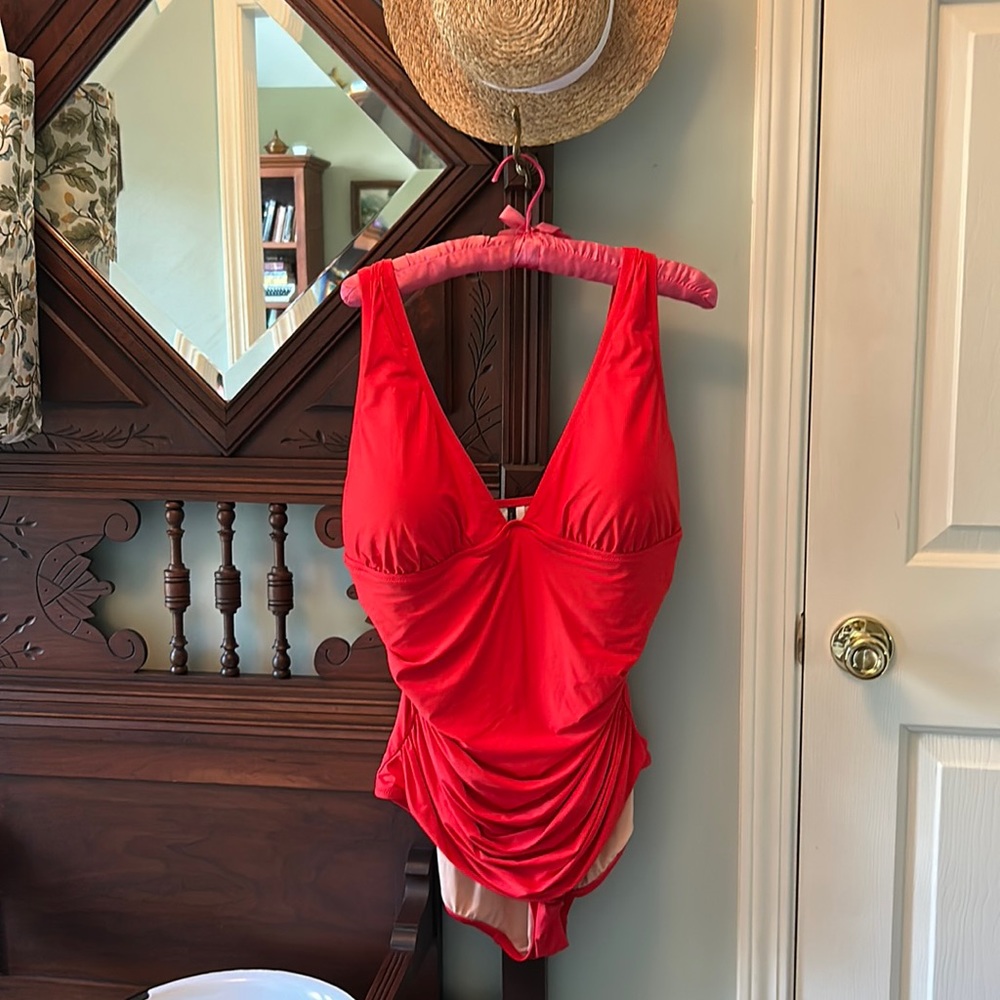 J Crew Bright Coral Ruched One Piece SwimSuit Bathing Suit size 18